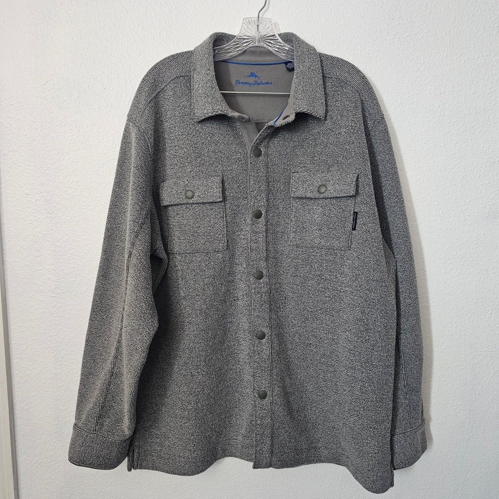Tommy Bahama Mens XL Grey Textured Knit Wool Blend Snap Front Shirt Jacket